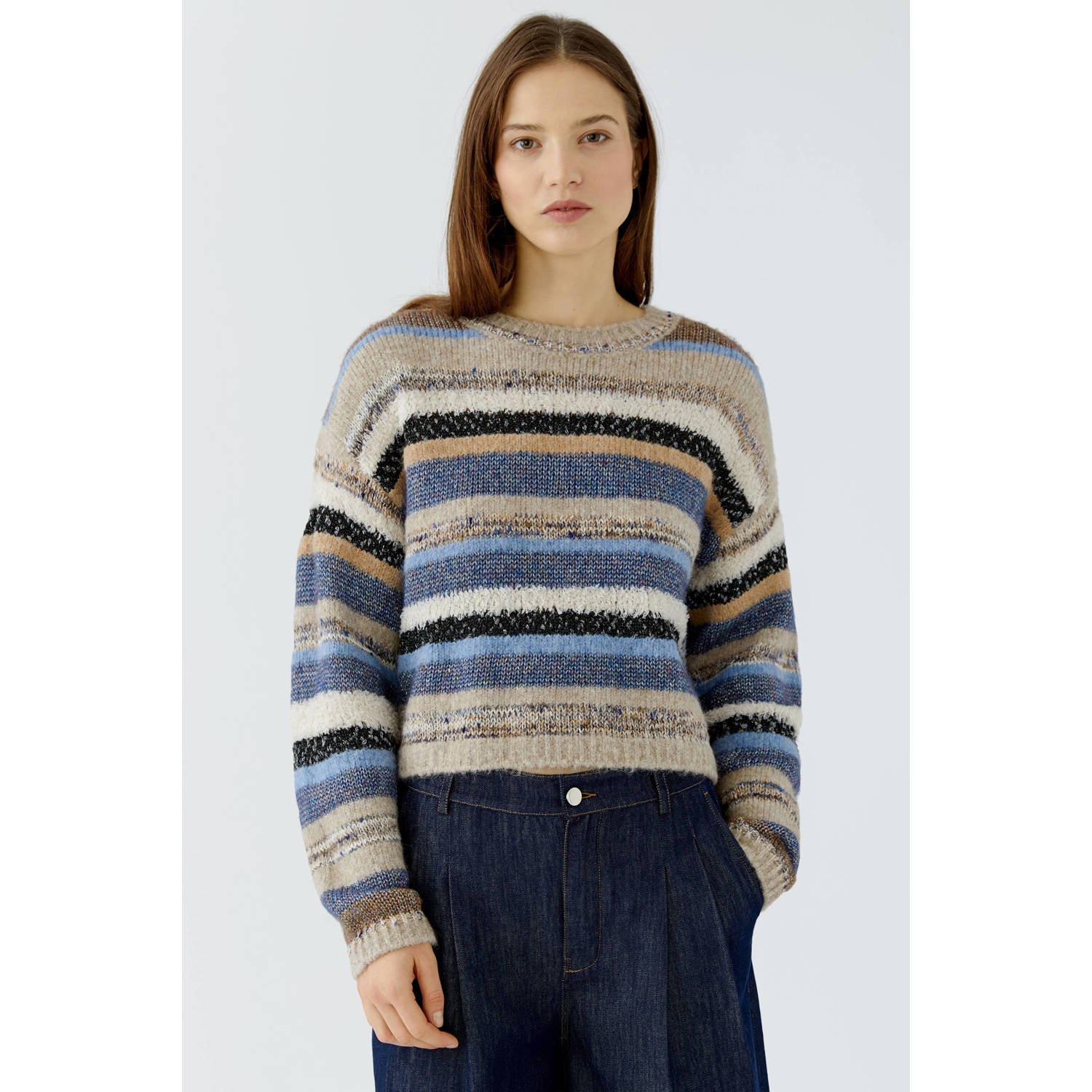 OUI gebreide gestreepte trui met wol beige