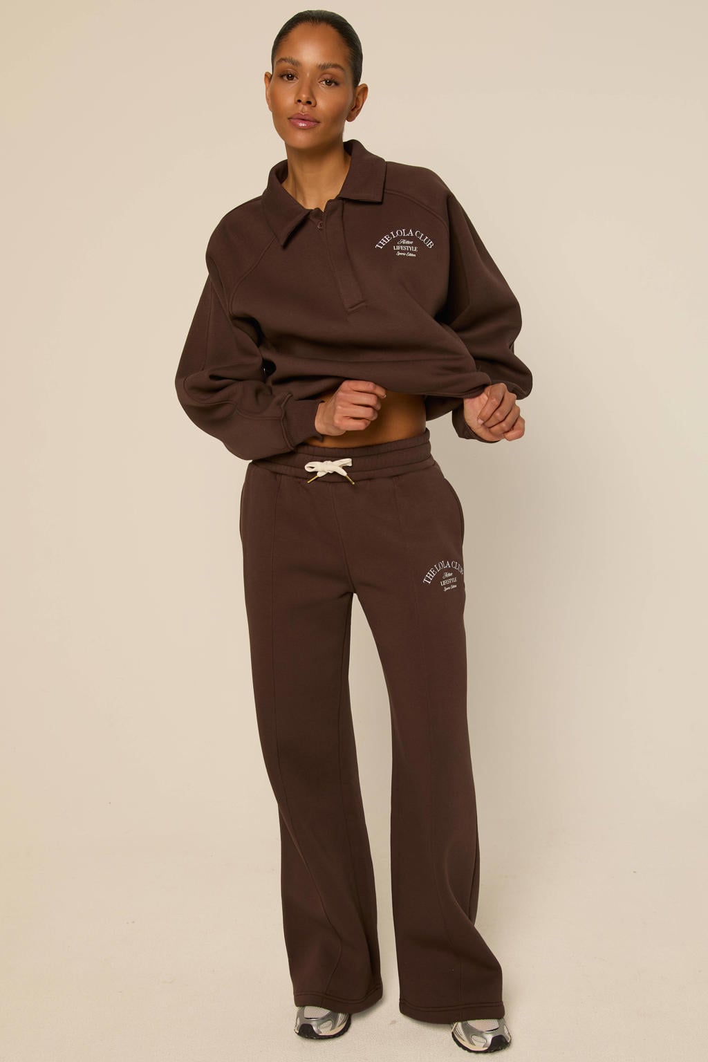 Donkerblauwe dames The Lola Club loose fit sweatpant van nylon met high waist, elastische tailleband met koord en effen