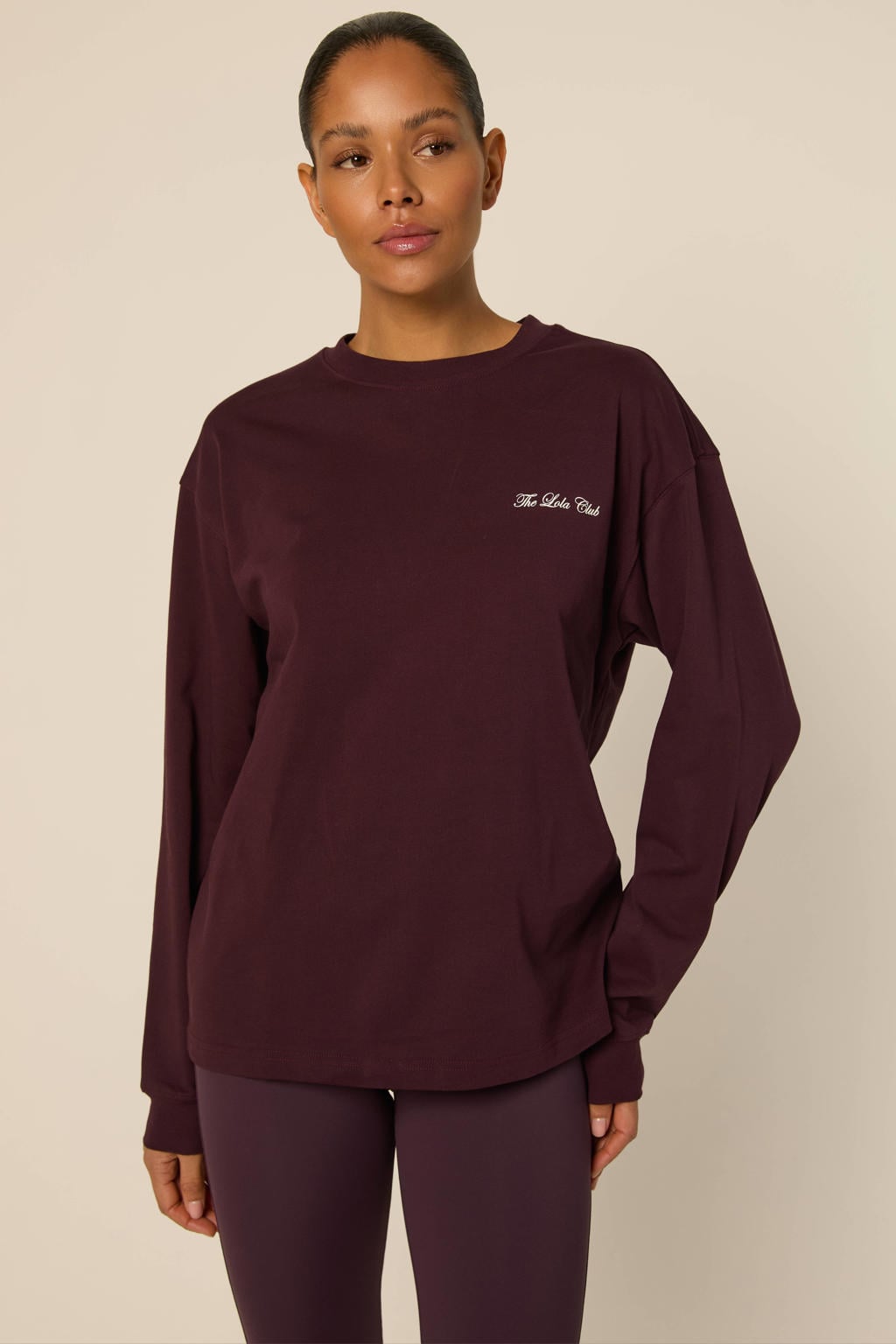 Donkerrode dames The Lola Club sweater van katoen met effen, lange mouwen en ronde hals