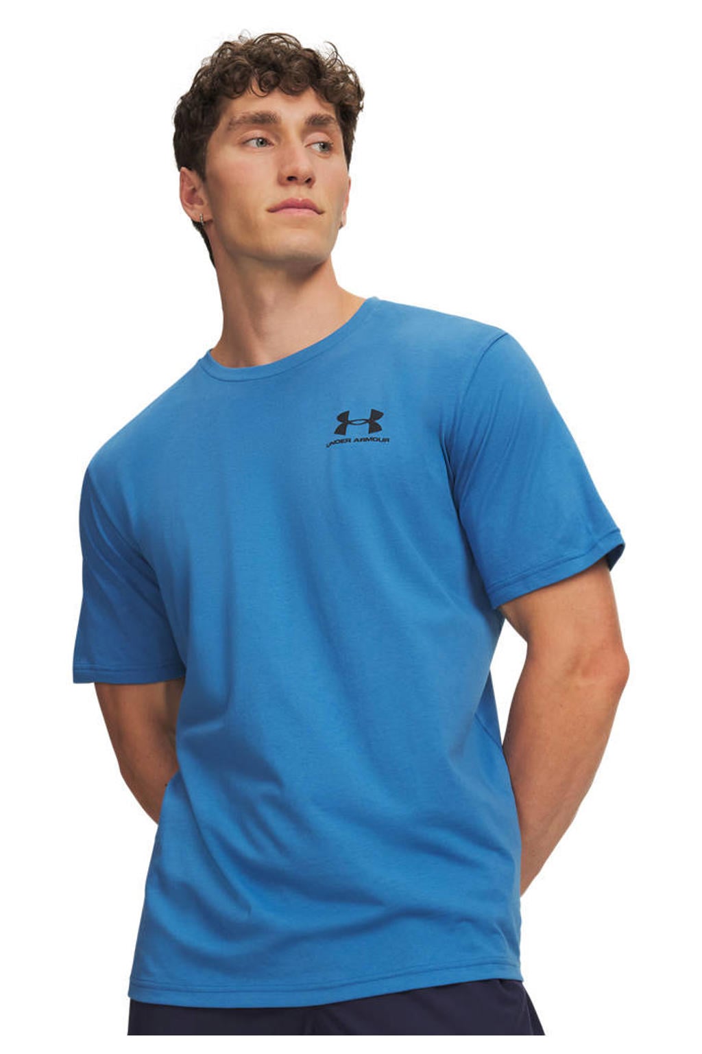Donkerblauwe heren Under Armour Sportstyle LC T-shirt van katoen met logo dessin en korte mouwen