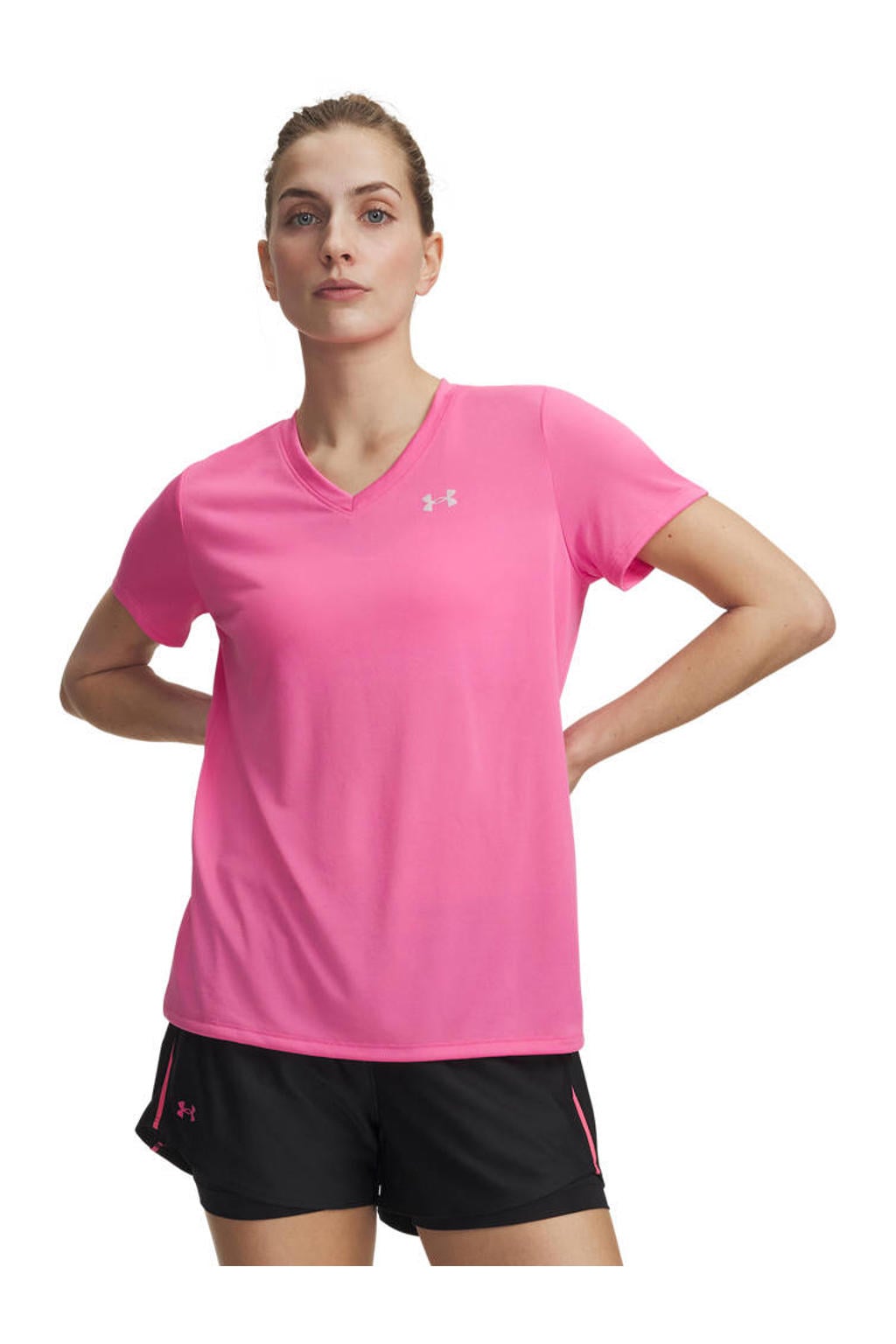 Roze dames Under Armour Tech sportshirt van polyester met effen, korte mouwen en V-hals