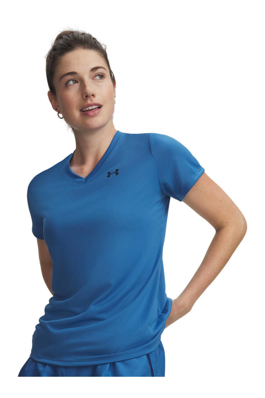 Blauwe dames Under Armour Tech sportshirt van polyester met effen, korte mouwen en V-hals