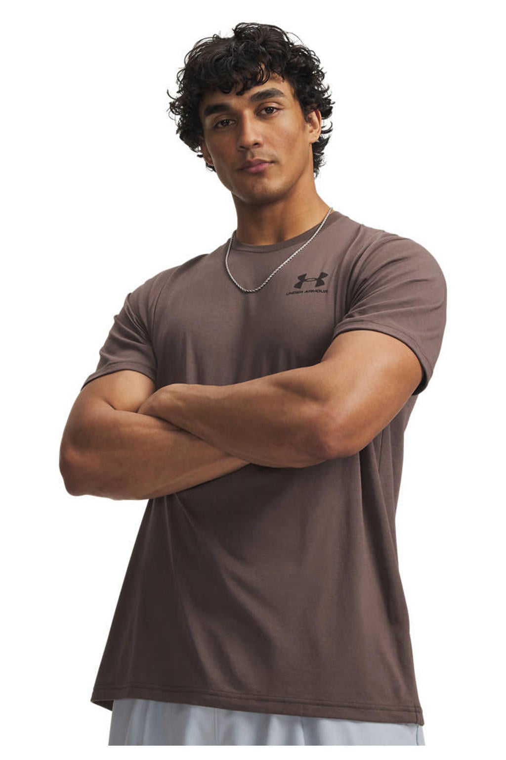 Taupe heren Under Armour Sportstyle LC T-shirt van katoen met logo dessin en korte mouwen