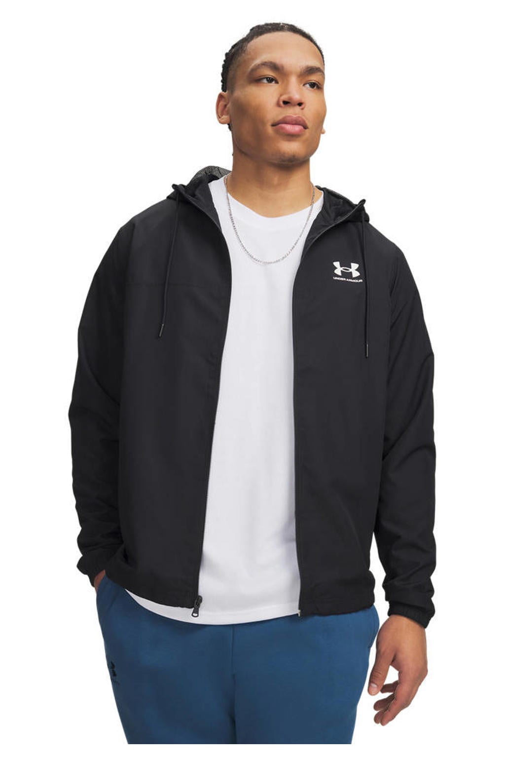 Zwarte heren Under Armour Rival windjack van polyester met effen, lange mouwen, capuchon en ritssluiting