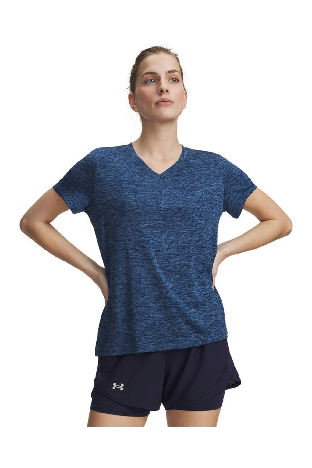 Blauwe dames Under Armour tech sportshirt van polyester met korte mouwen en V-hals