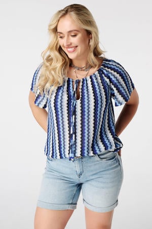 gebreide top Plus Size met cut-out en print - blauw