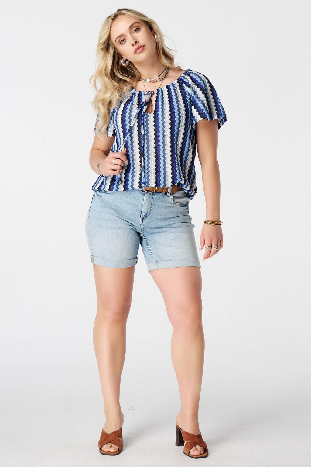MS Mode gebreide top Plus Size met cut-out en print - blauw