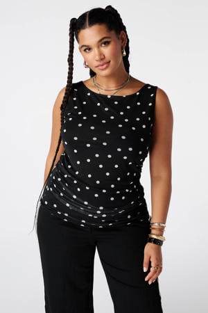 mouwloze top Plus Size met plooien en stippen - zwart