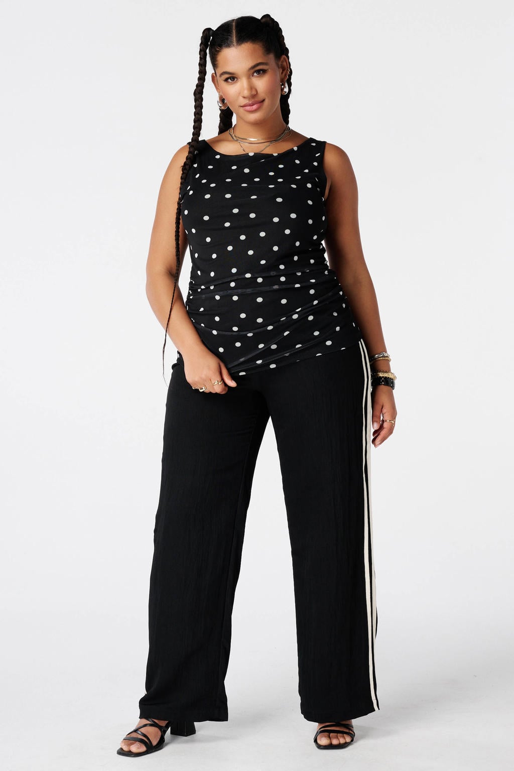 MS Mode mouwloze top Plus Size met plooien en stippen - zwart