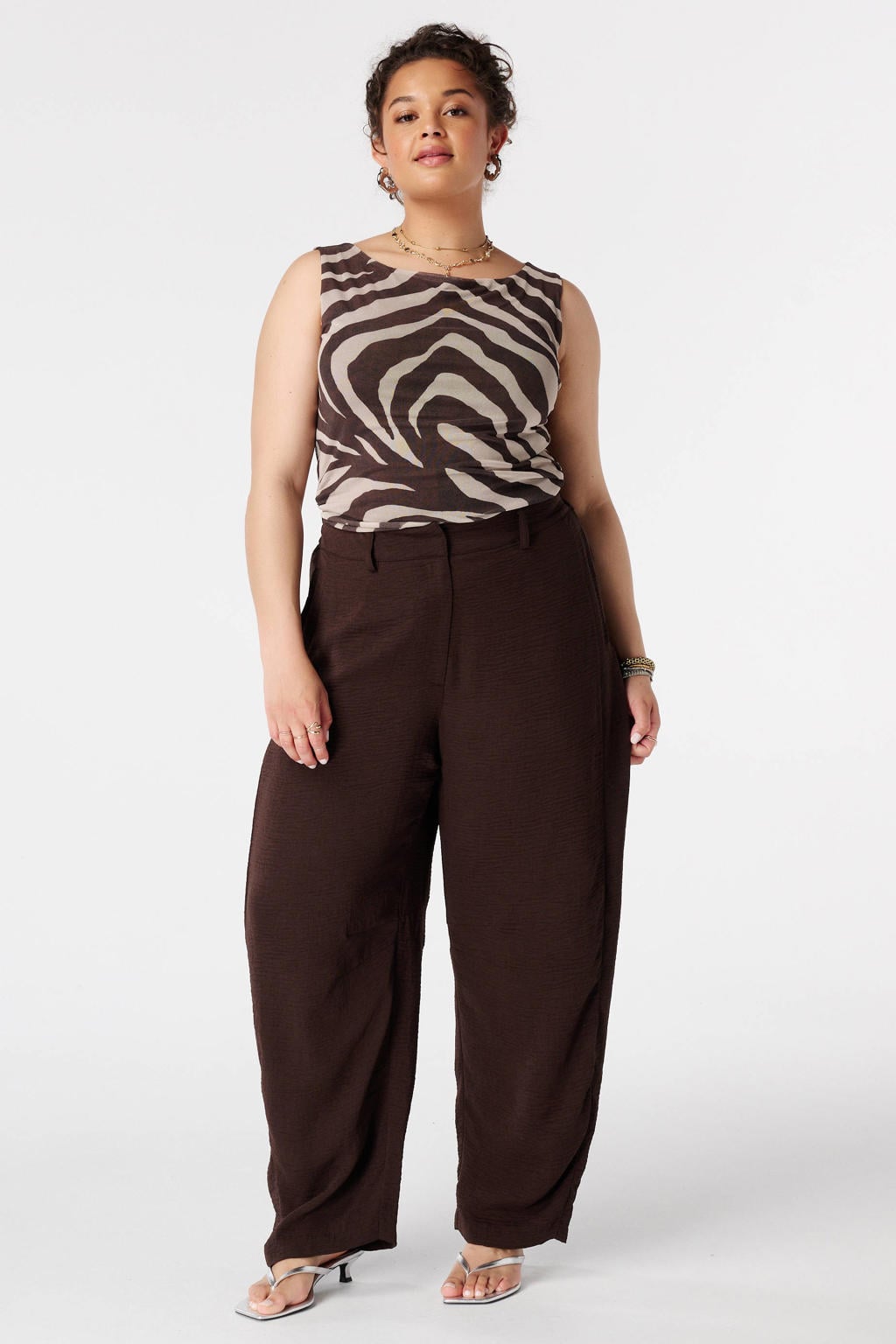MS Mode mouwloze top met plooien en zebraprint Plus Size - bruin
