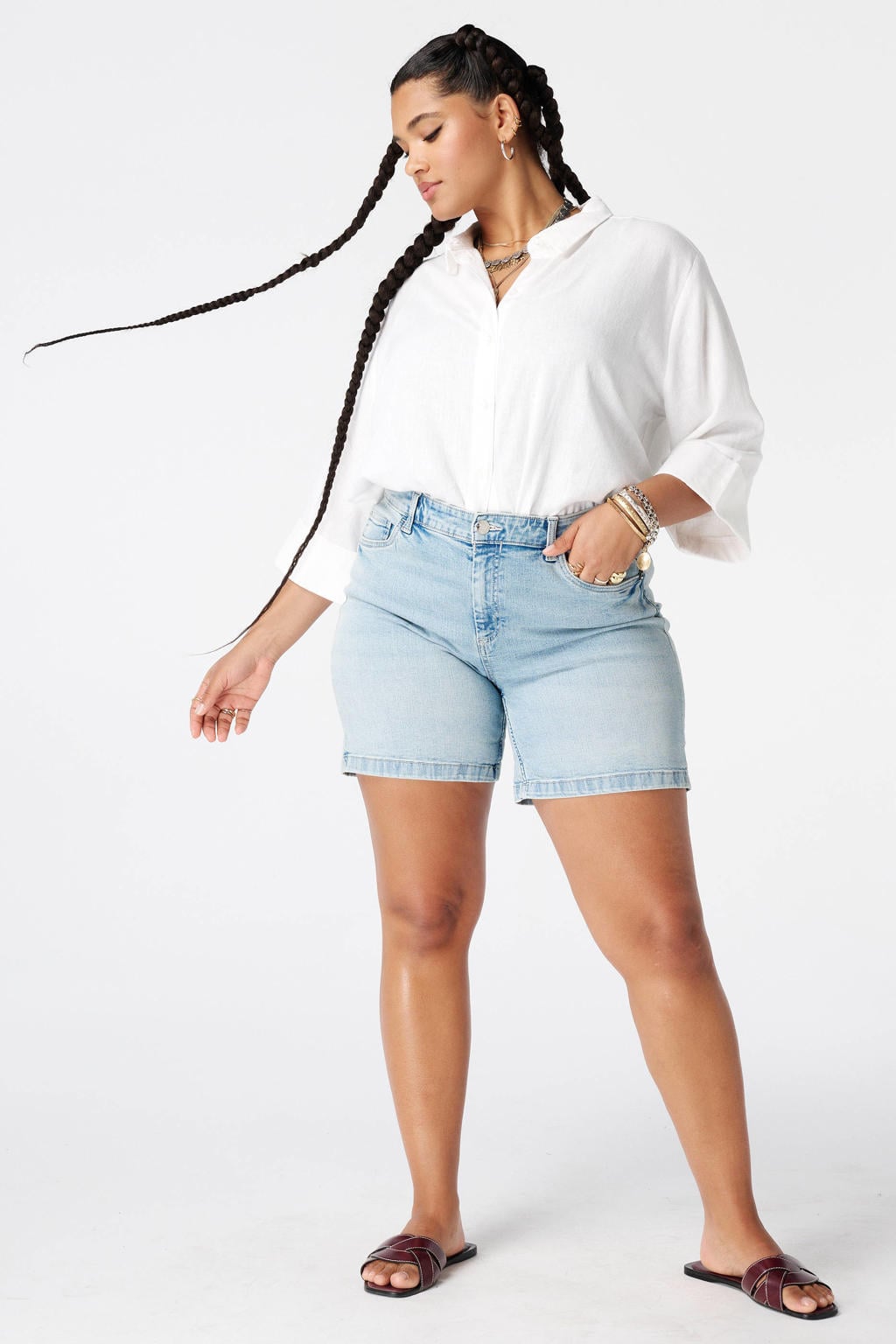 Witte dames MS Mode blouse Plus Size van linnen met effen, driekwart mouwen, klassieke kraag en knoopsluiting