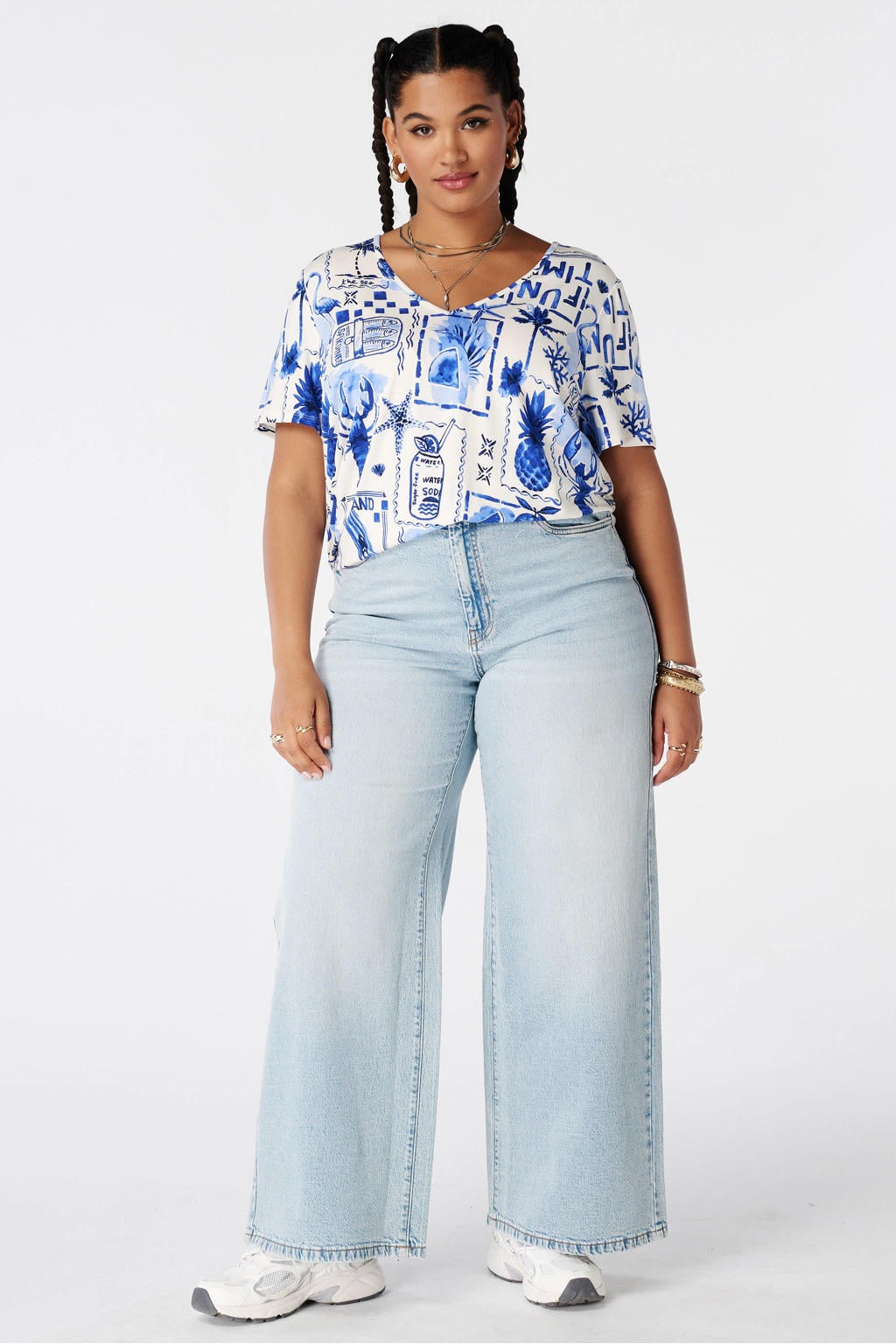 MS Mode rechtvallend T-shirt met print Plus Size - blauw
