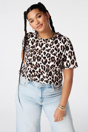 T-shirt Plus Size met panterprint - bruin