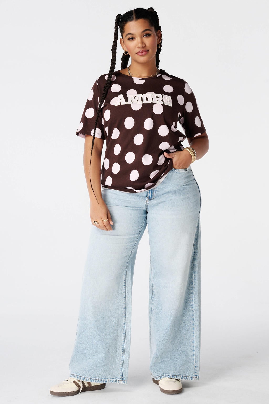 MS Mode T-shirt Plus Size met stippen - bruin