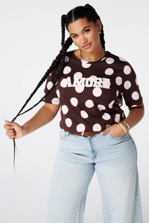 T-shirt Plus Size met stippen - bruin