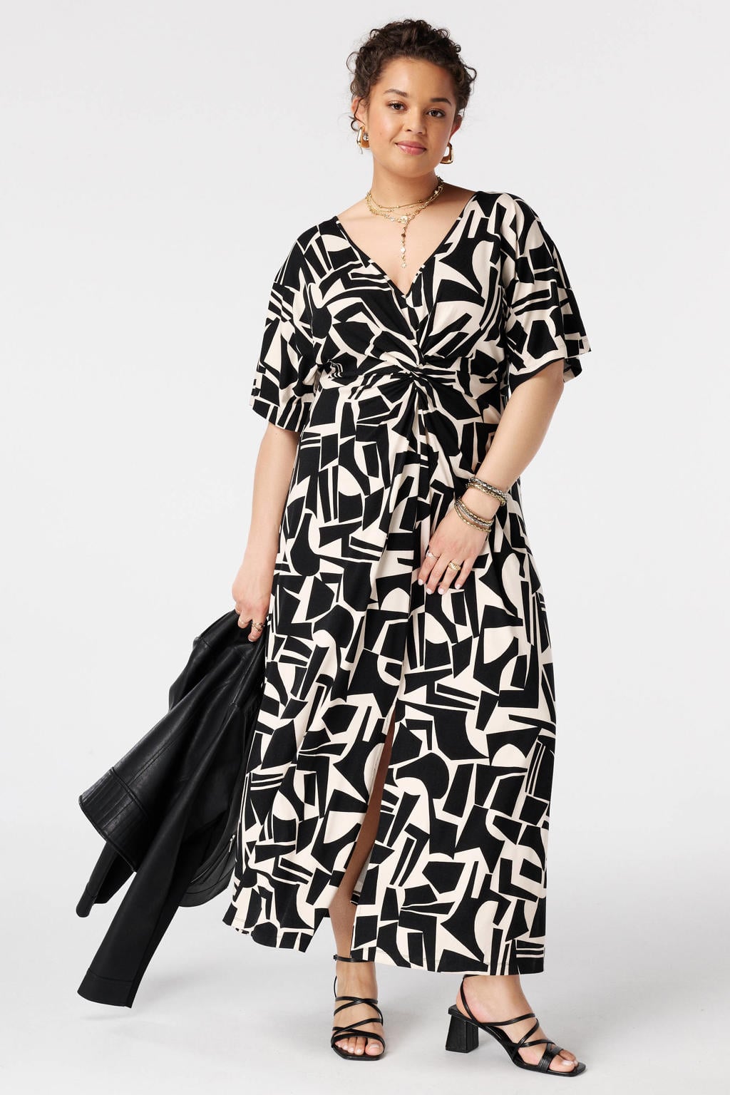 MS Mode viscose maxi jurk Plus Size met print en split - zwart