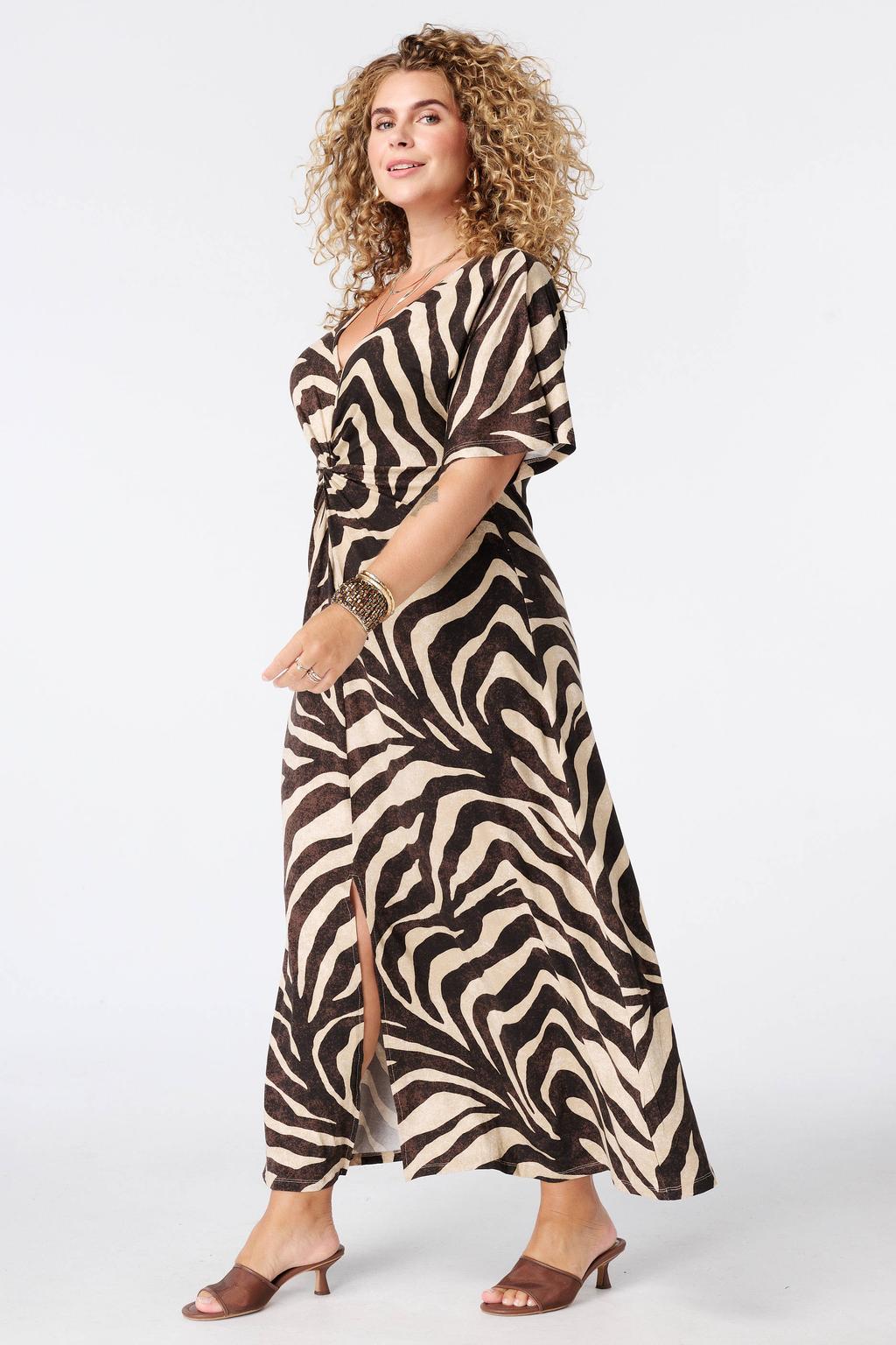Bruin en ecru dames MS Mode maxi jurk Plus Size met print van viscose met korte mouwen en klassieke kraag