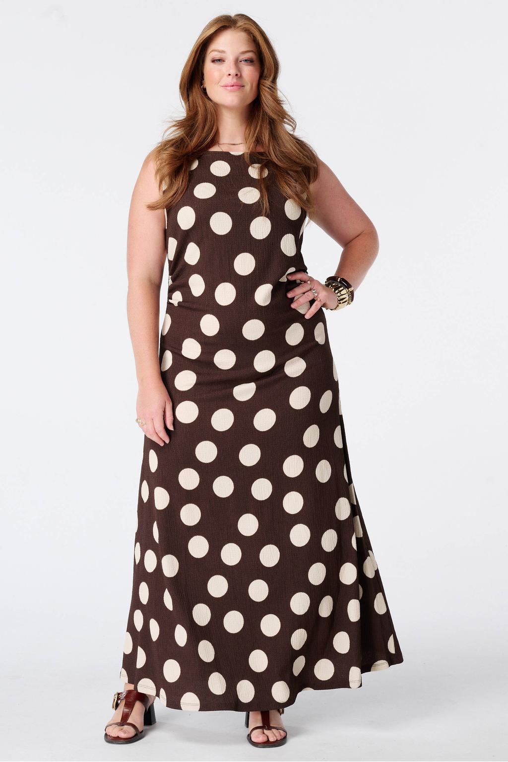 Bruin en witte dames MS Mode midi zomerjurk Plus Size van polyester met stippenprint