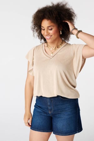 broderie top met glitters Plus Size - zand