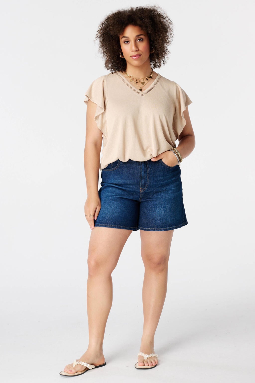 MS Mode broderie top met glitters Plus Size - zand