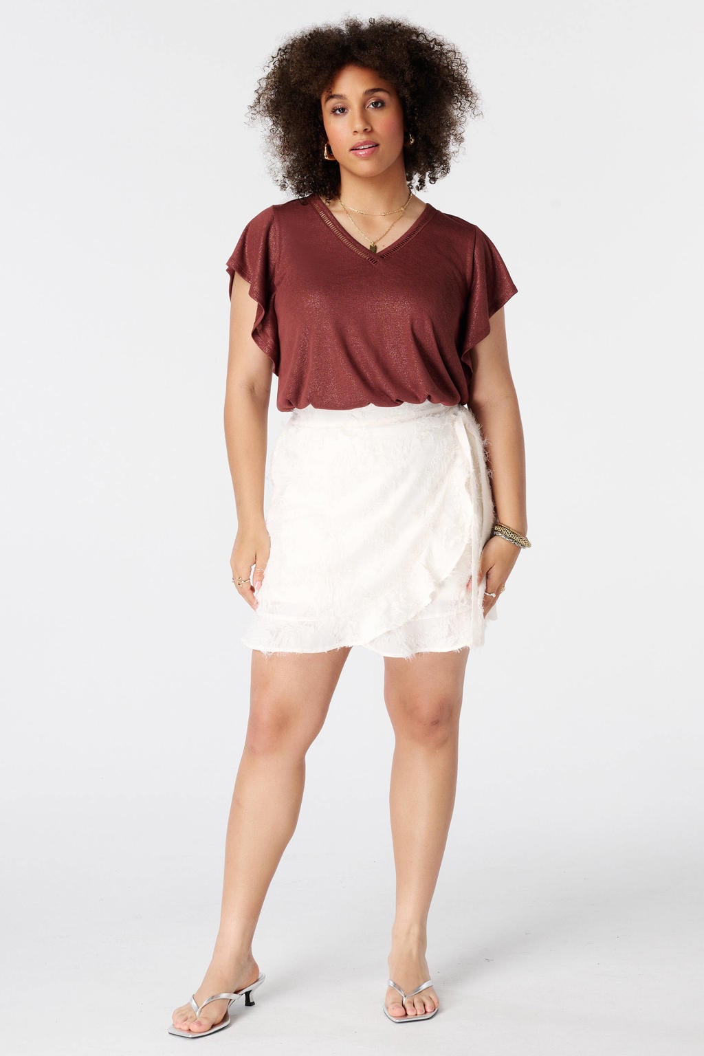 MS Mode broderie top met ruches Plus Size - donkerrood