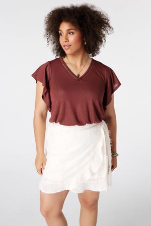 broderie top met ruches Plus Size - donkerrood