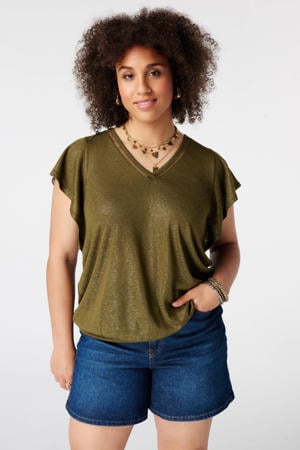 broderie top met glitters Plus Size - olijfgroen