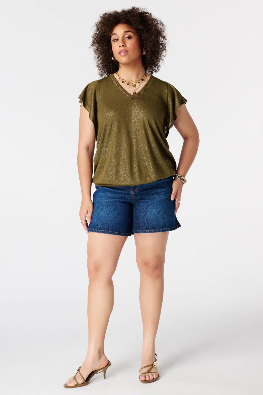 MS Mode broderie top met glitters Plus Size - olijfgroen