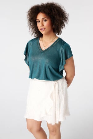 broderie top met ruches Plus Size - petrol