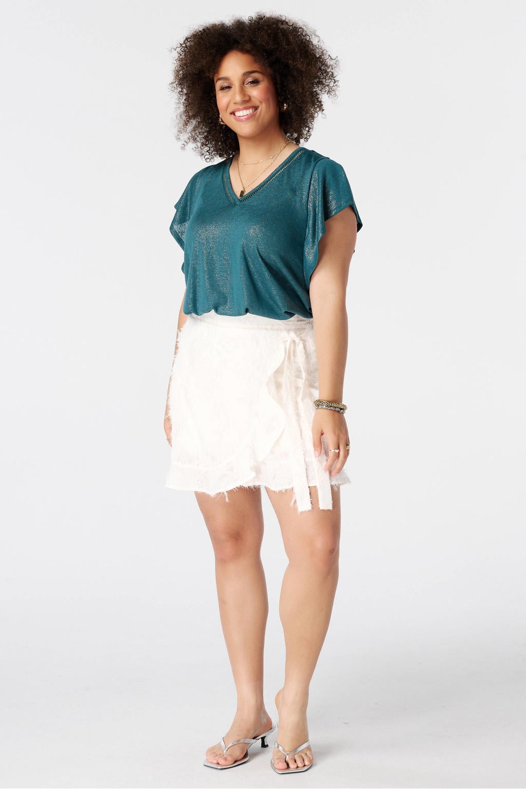 MS Mode broderie top met ruches Plus Size - petrol