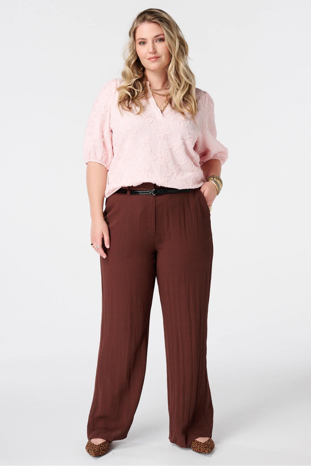 Bruine dames MS Mode viscose straight leg broek Plus Size met effen