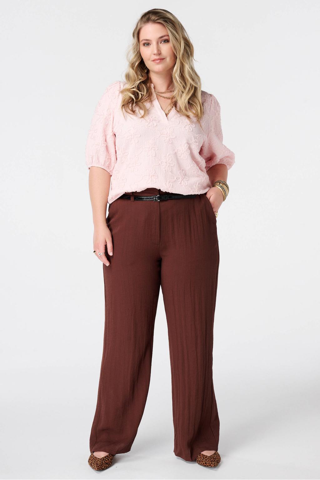 Bruine dames MS Mode viscose straight leg broek Plus Size met effen