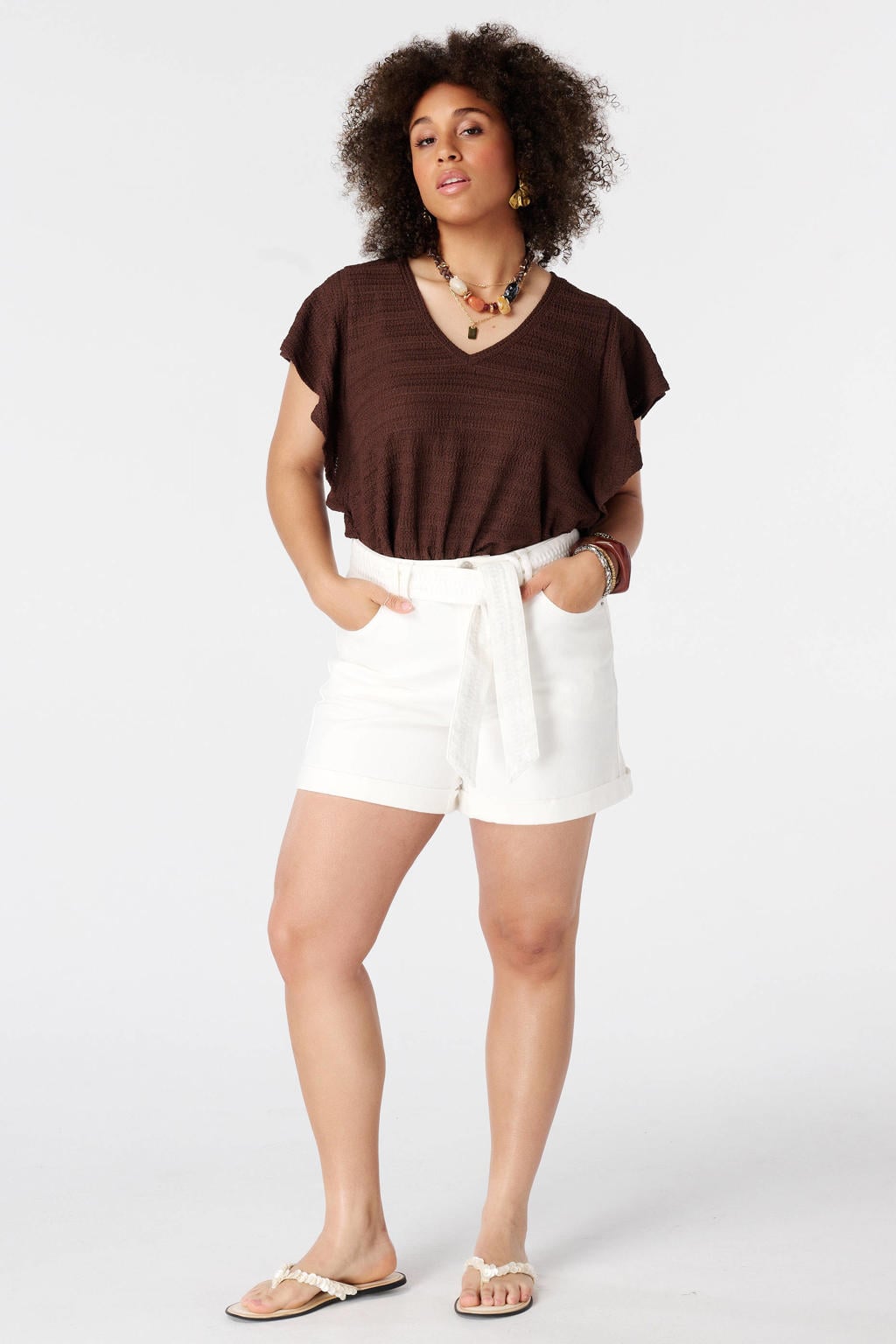 MS Mode aansluitend top met ruches Plus Size - bruin