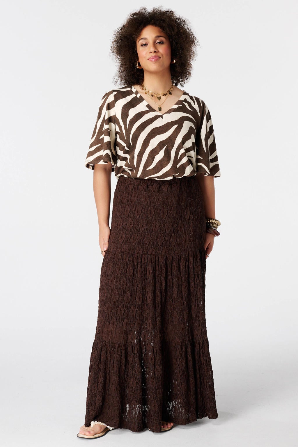 MS Mode blousetop met zebraprint, Plus Size - donkerbruin
