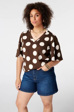 blousetop Plus Size met stippen - donkerbruin