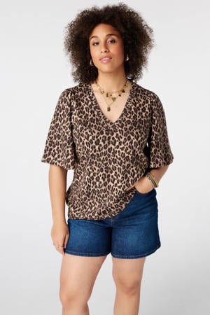 blousetop Plus Size met panterprint - bruin