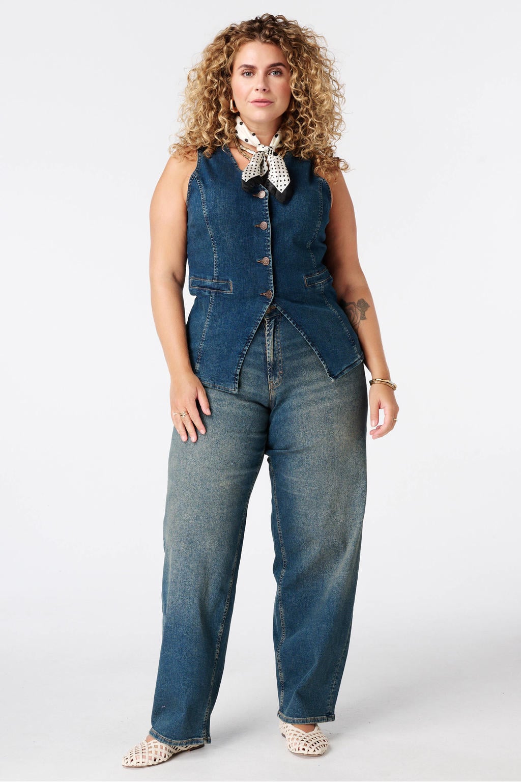 Dark blue denim dames MS Mode aansluitend gilet Plus Size van denim met effen, klassieke kraag en knoopsluiting