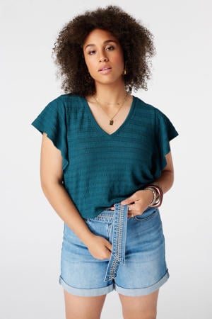 aansluitend top met ruches Plus Size - petrol