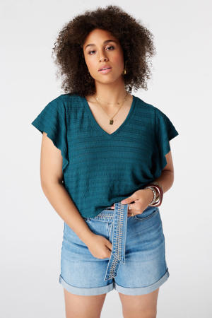 aansluitend top met ruches Plus Size - petrol
