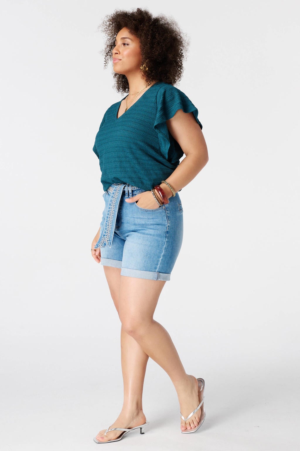 MS Mode aansluitend top met ruches Plus Size - petrol