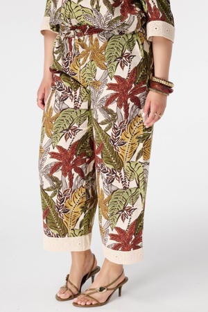 high waist loose fit cropped broderie broek Plus Size - donkergroen