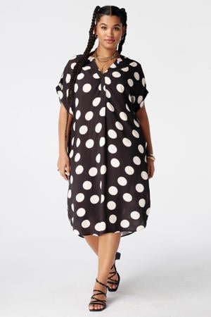 viscose zomerjurk met plooien en stippen Plus Size - bruin