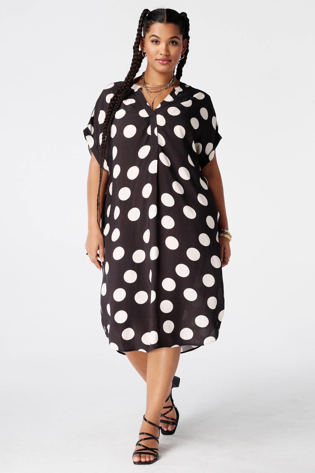 MS Mode viscose zomerjurk met plooien en stippen Plus Size - bruin