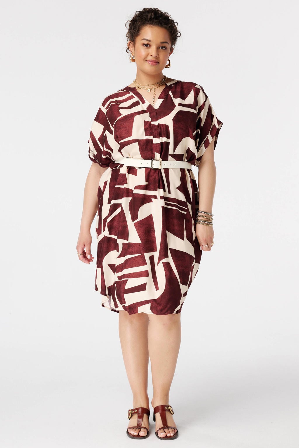 MS Mode viscose zomerjurk met plooien en print Plus Size - donkerrood