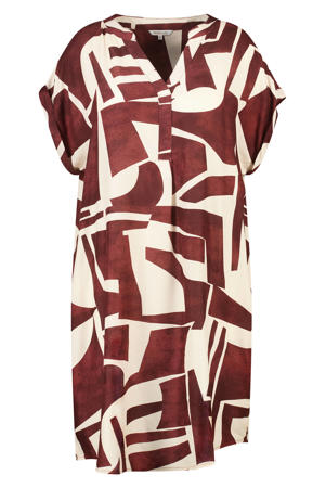 viscose zomerjurk met plooien en print Plus Size - donkerrood