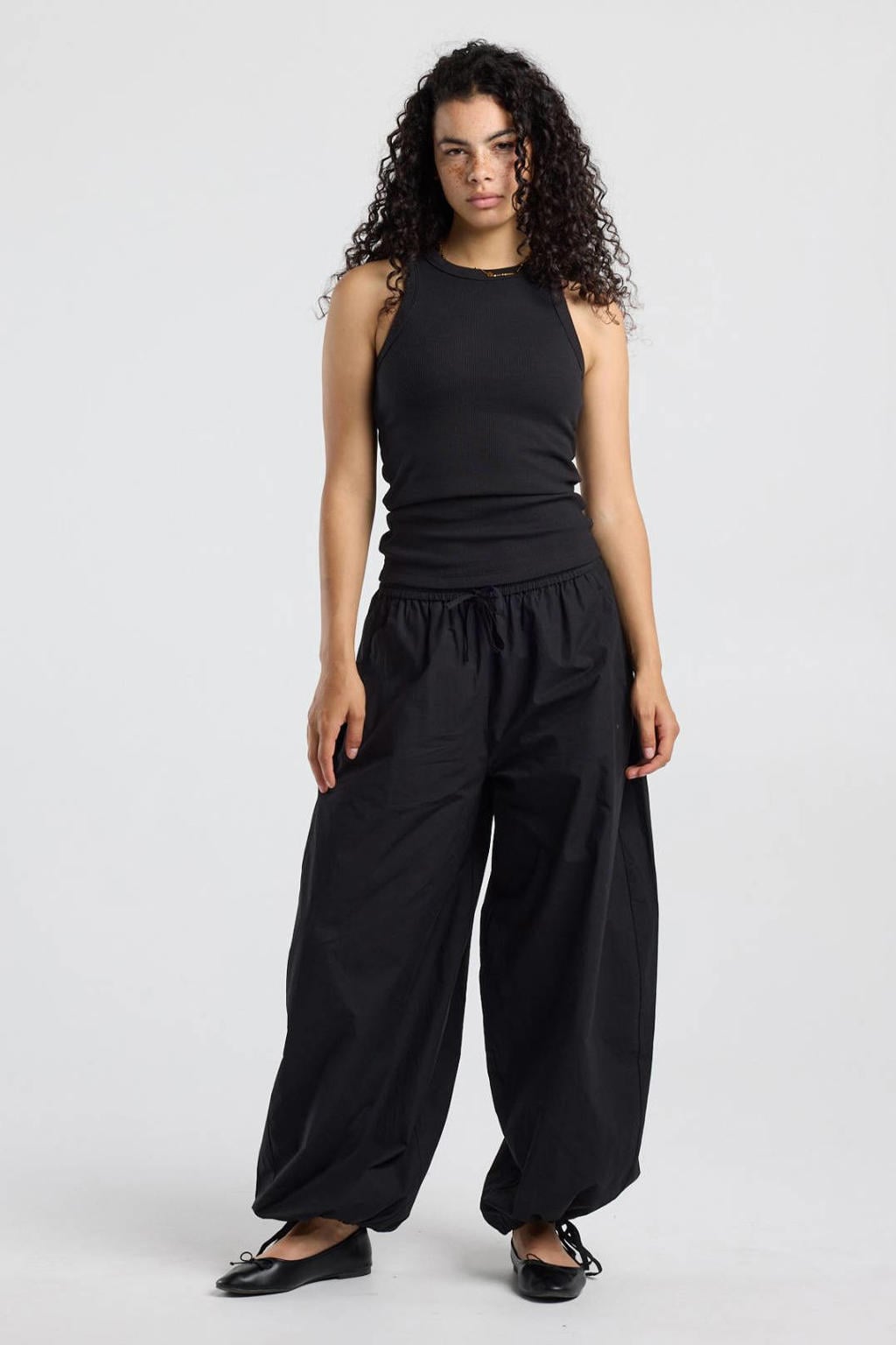 Zwarte dames America Today ballonbroek van katoen met regular waist, elastische tailleband met koord en effen