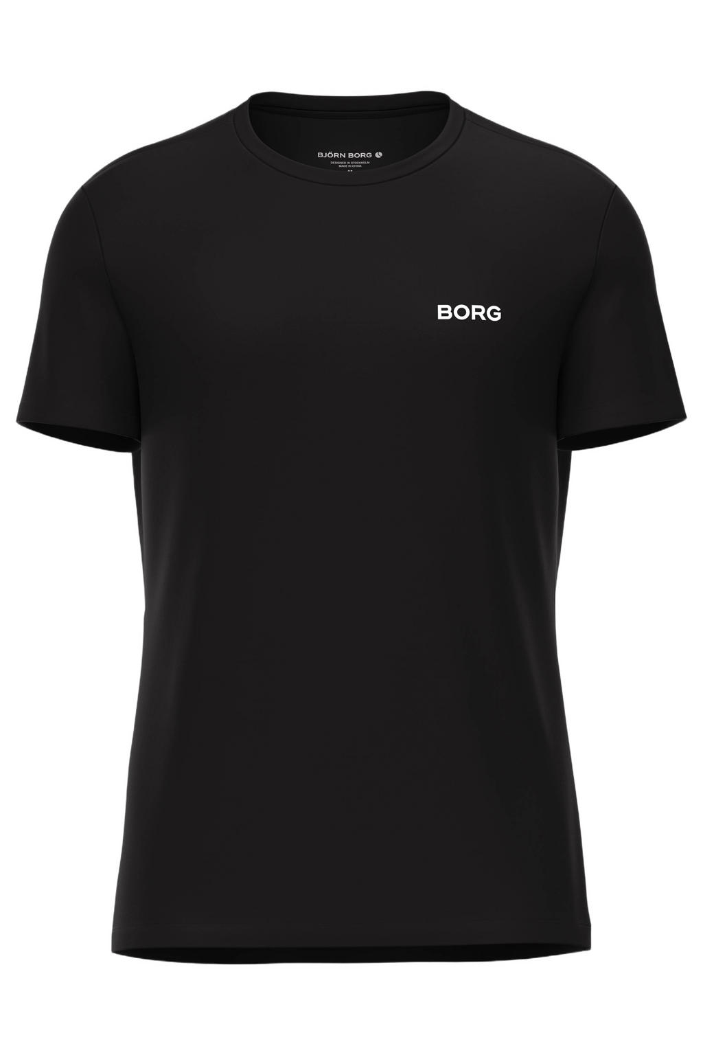 Zwarte heren Björn Borg sportshirt van polyester met effen, korte mouwen en ronde hals