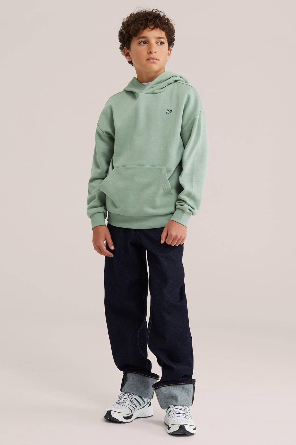Lichtgroene jongens WE Fashion hoodie van sweat materiaal met effen, lange mouwen en capuchon