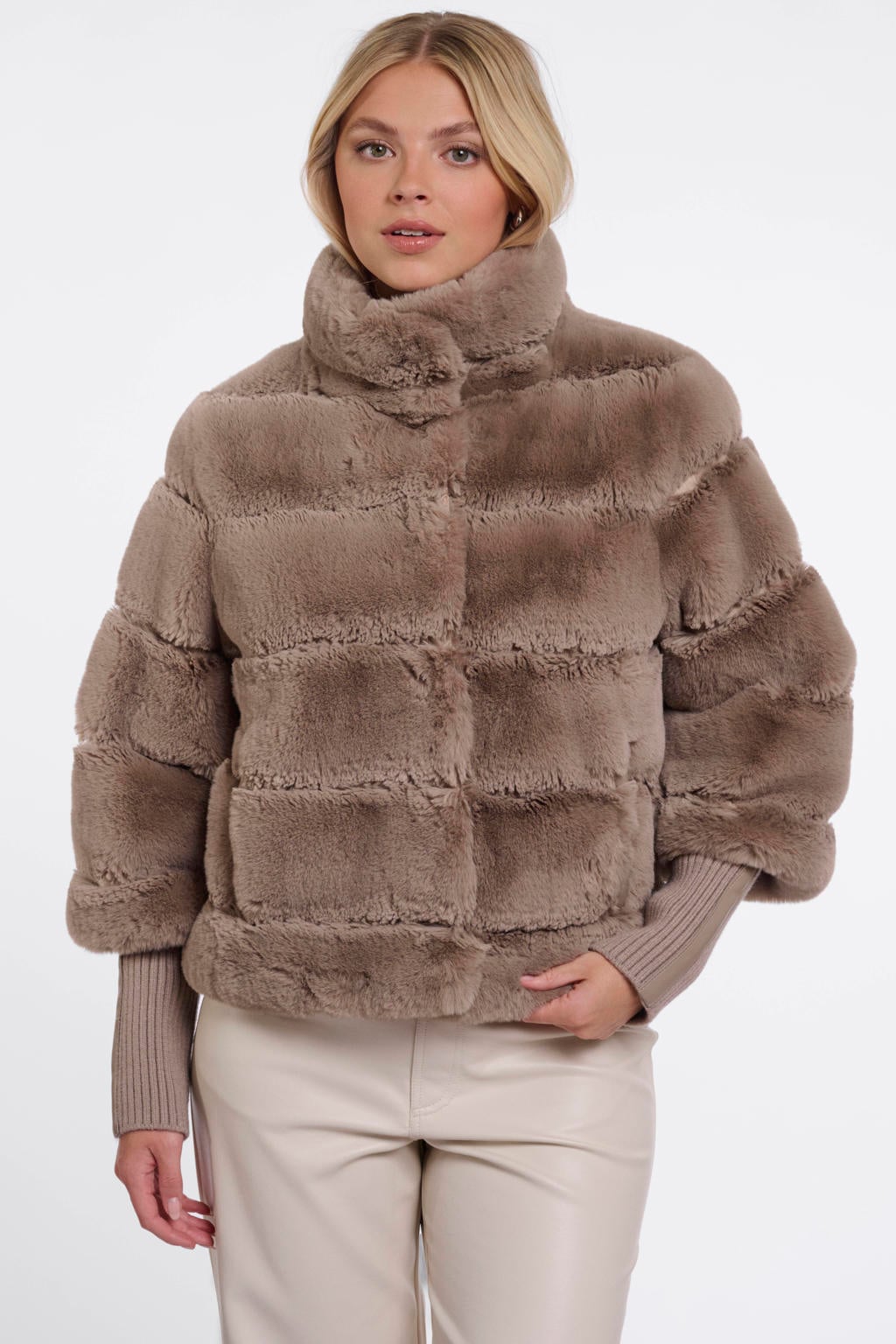 Bruine dames Rino & Pelle faux fur jas van polyester met effen, lange mouwen, reverskraag en knoopsluiting