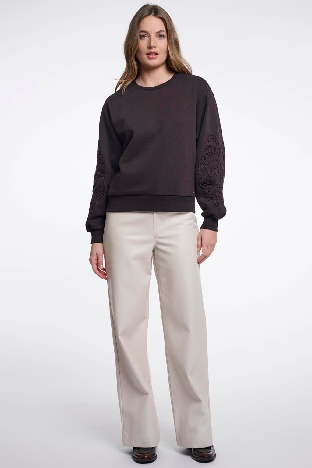 Bruine dames Rino & Pelle van sweat materiaal met effen, lange mouwen, ronde hals en borduursels